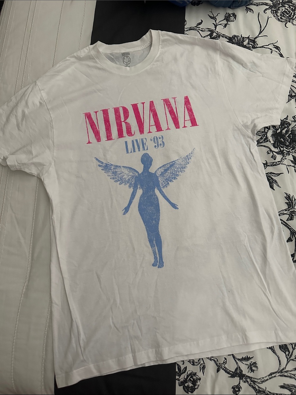 NIRVANA White Tee with Pink Logo & Blue Angel Print live 93
